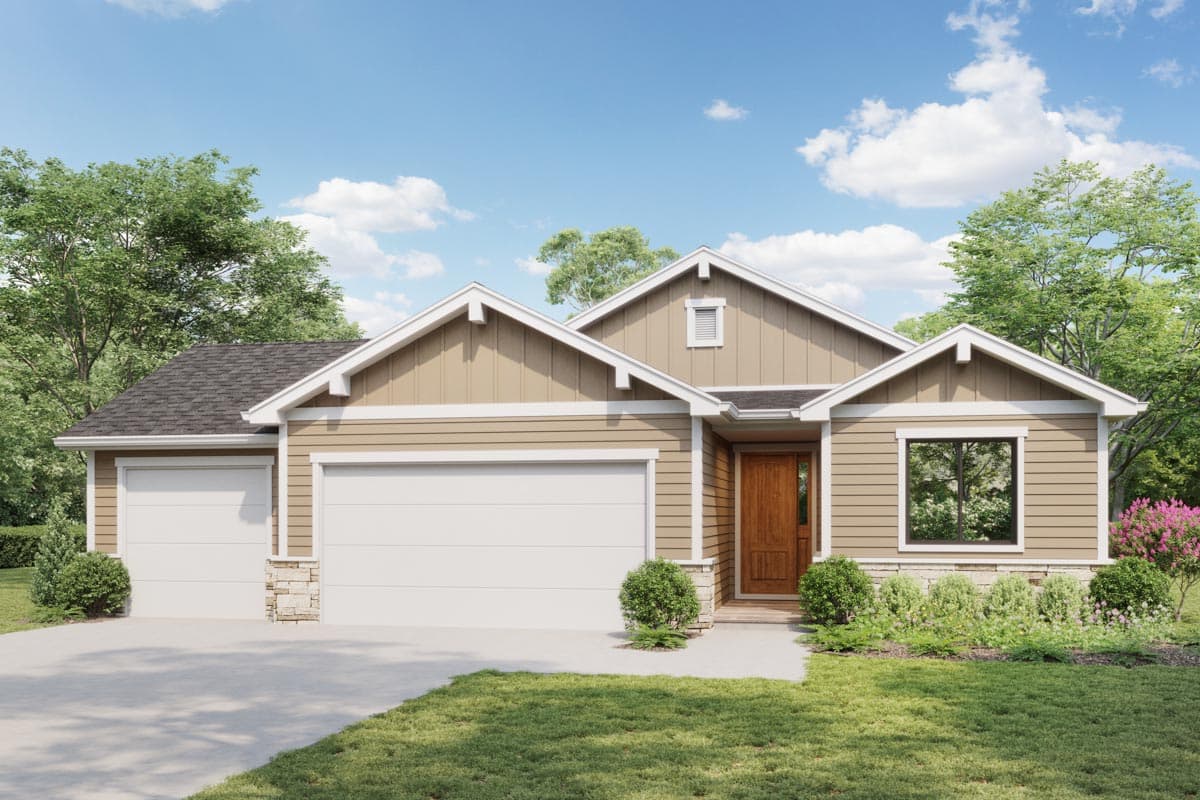 Ranch-style house plan exterior with a gable roof, two-car garage, stone accents, and a covered entry.