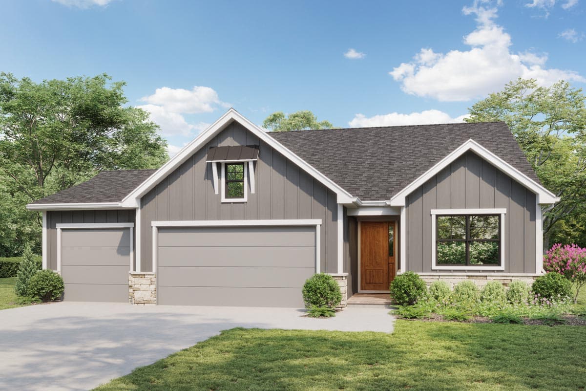 House plan exterior: Modern Farmhouse style, single-story with a side-entry two-car garage, stone accents, and gabled dormer.