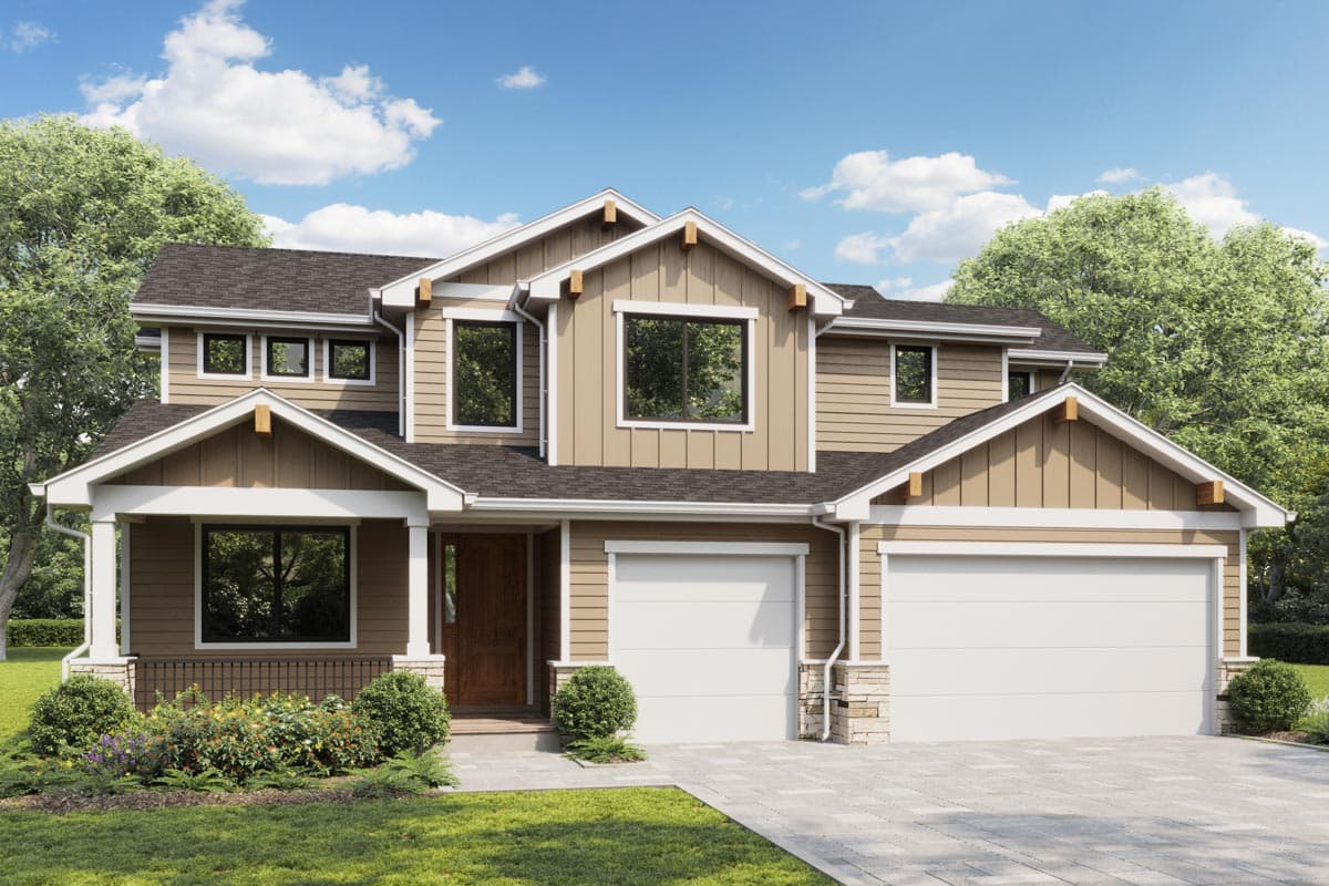 Modern Farmhouse style house plan exterior, two stories, with a covered porch, gables, and a side-facing three-car garage.