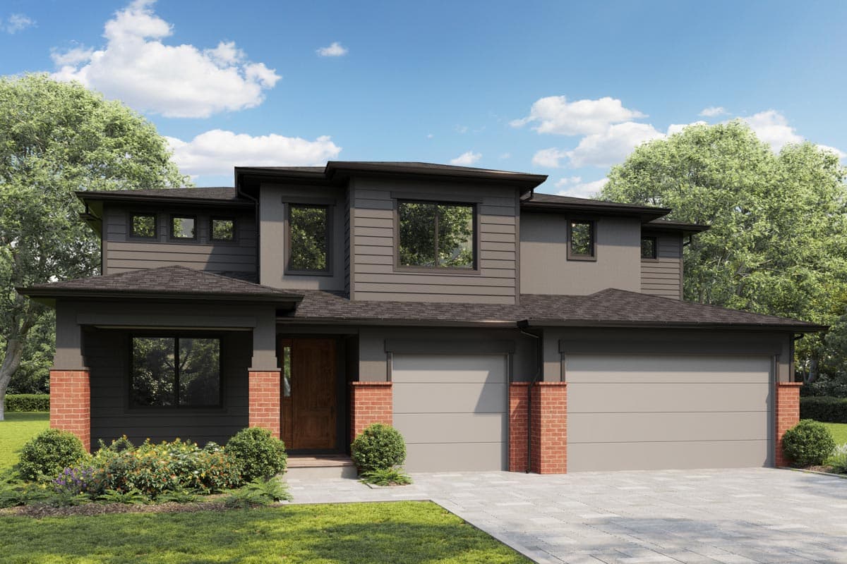 Modern two-story house plan exterior with stacked gables, dark siding, brick accents, and a three-car garage.