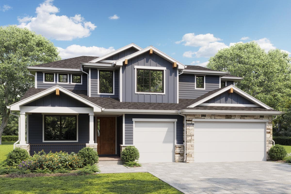House plan exterior featuring a two-story Craftsman style. Notable features: gabled rooflines, stone accents on the garage, and a covered porch.