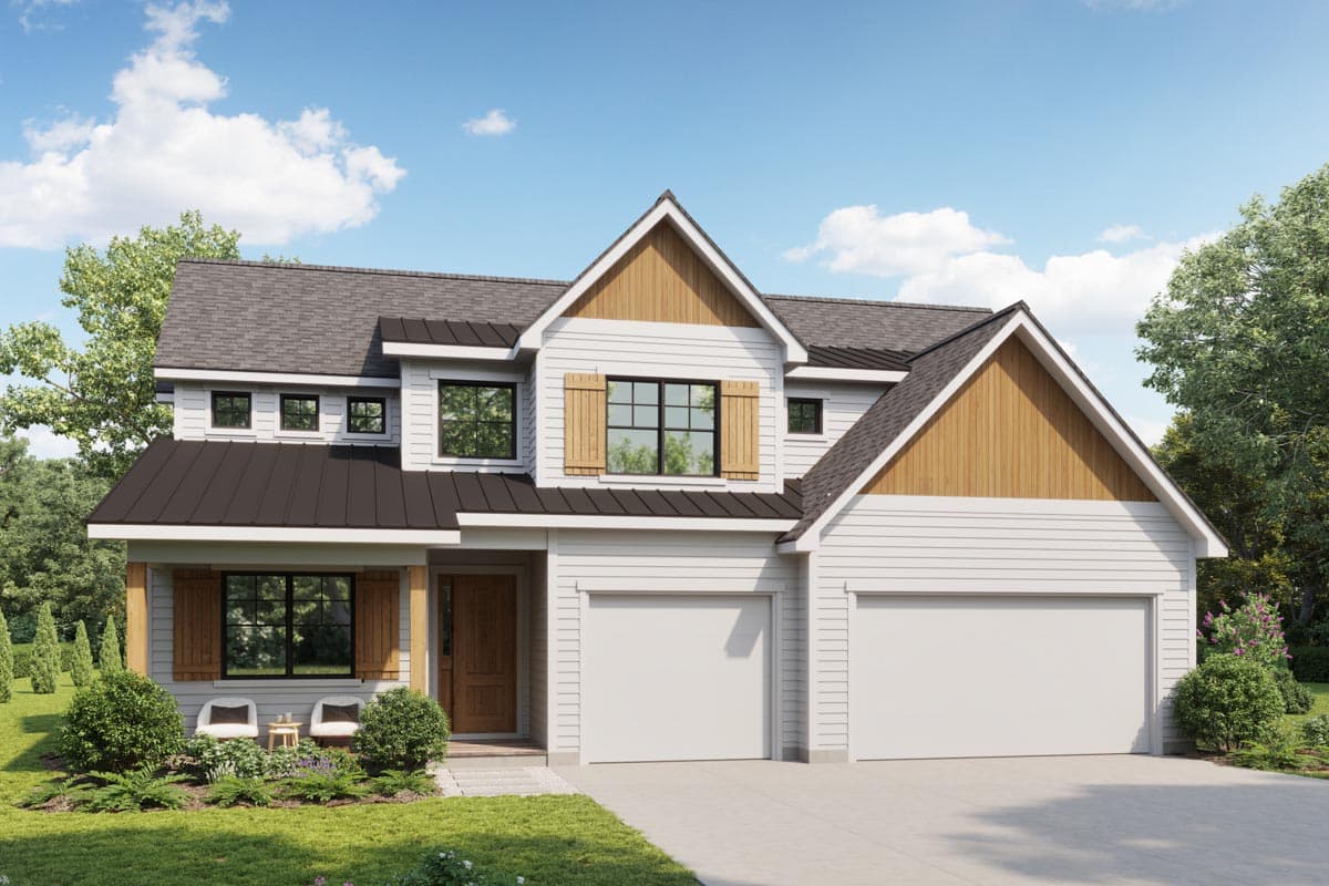 House plan exterior: two-story Modern Farmhouse with a metal roof, gables, wood accents, and a three-car garage.