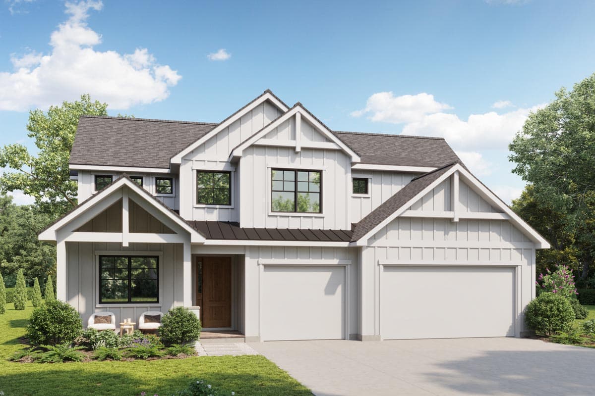 Modern Farmhouse house plan exterior with gabled dormers, a covered entry, and a three-car garage.