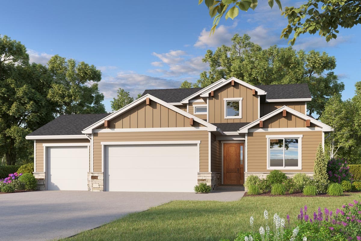 House plan exterior: Two-story Modern Farmhouse with three-car garage, gabled dormers, and stone accents.