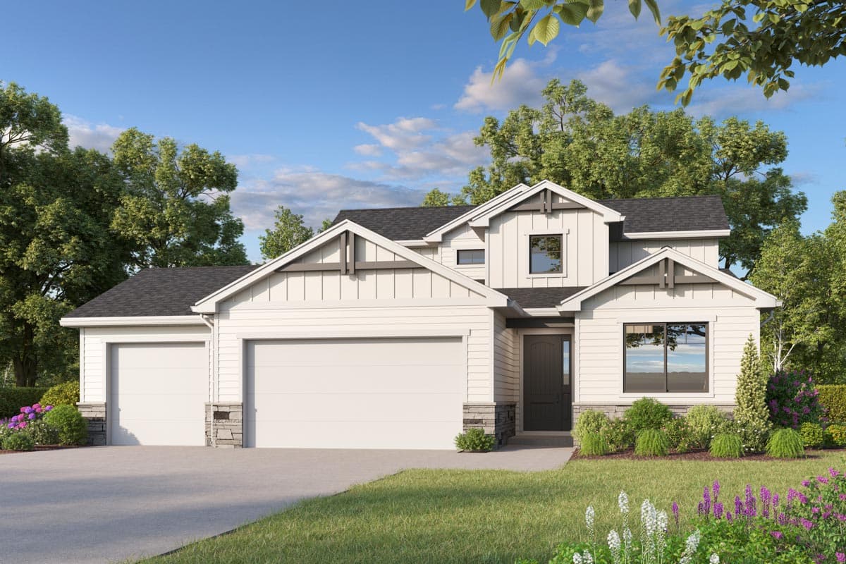 House plan exterior with board and batten siding, gabled rooflines, two-car garage, and stone accents.