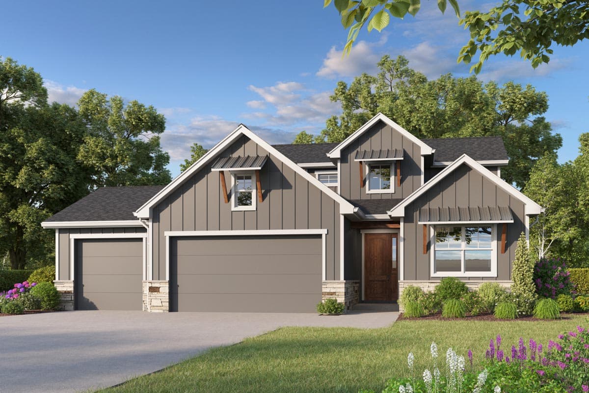 House plan exterior. Modern Farmhouse style with two stories, gabled rooflines, decorative window awnings, and an attached garage.