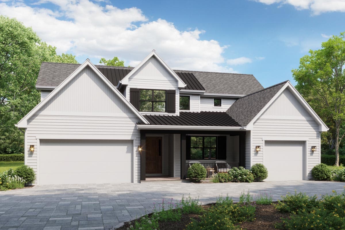 House plan exterior. Two-story, Modern Farmhouse style with a gable roof, covered porch, and attached garage. Includes black shutters and trim.