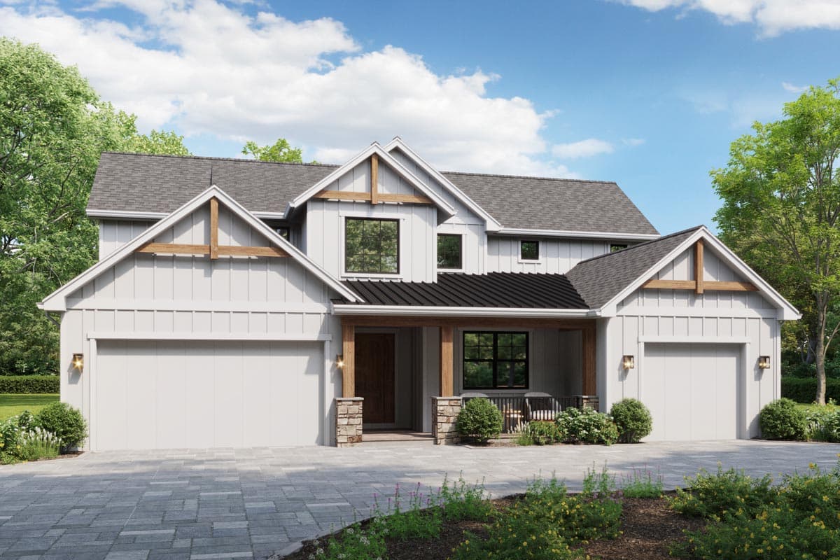 Modern Farmhouse house plan exterior with two stories, two garages, gabled dormers, and a covered entry porch.