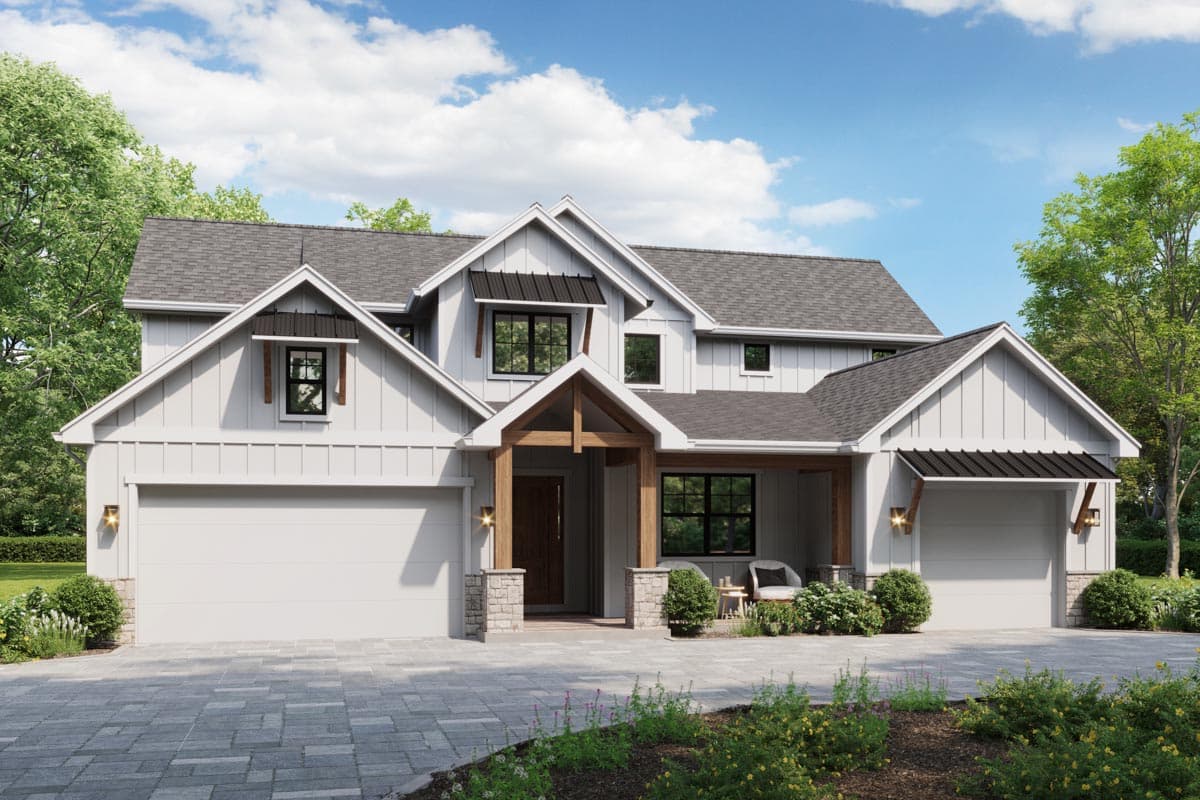 Modern Farmhouse house plan exterior with a two-car garage, gabled dormers, and wood beam accents on the entrance.