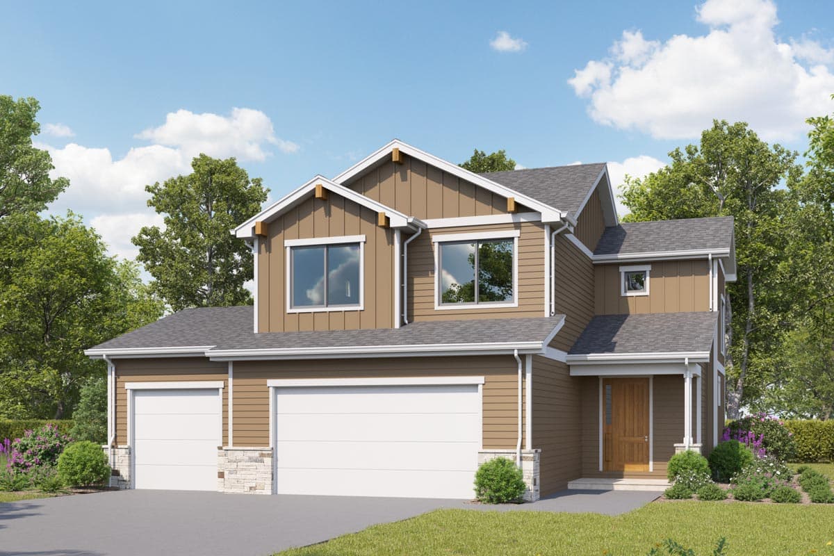 House plan exterior. Two-story with Craftsman details. Features include a two-car garage, front porch, and gabled roofline.