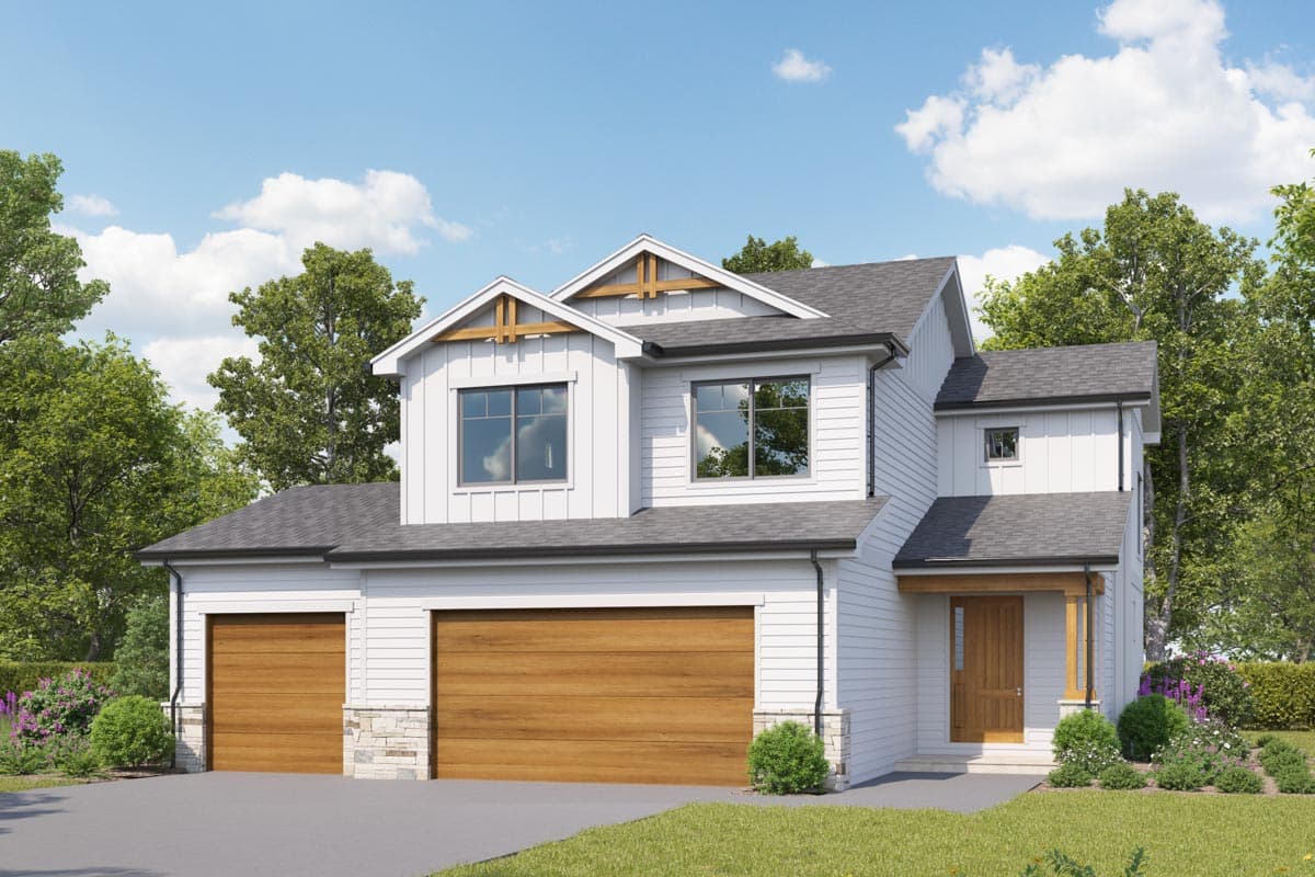 Modern Farmhouse house plan exterior with two garage doors, gables with decorative wood accents, and a covered entry.