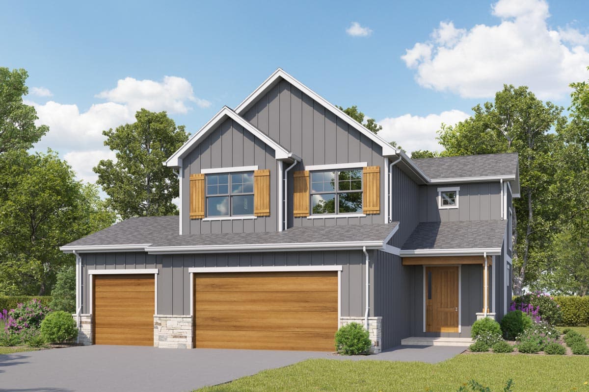 Modern Farmhouse style two-story house plan exterior with board and batten siding, gabled dormers, wood shutters, and a three-car garage.