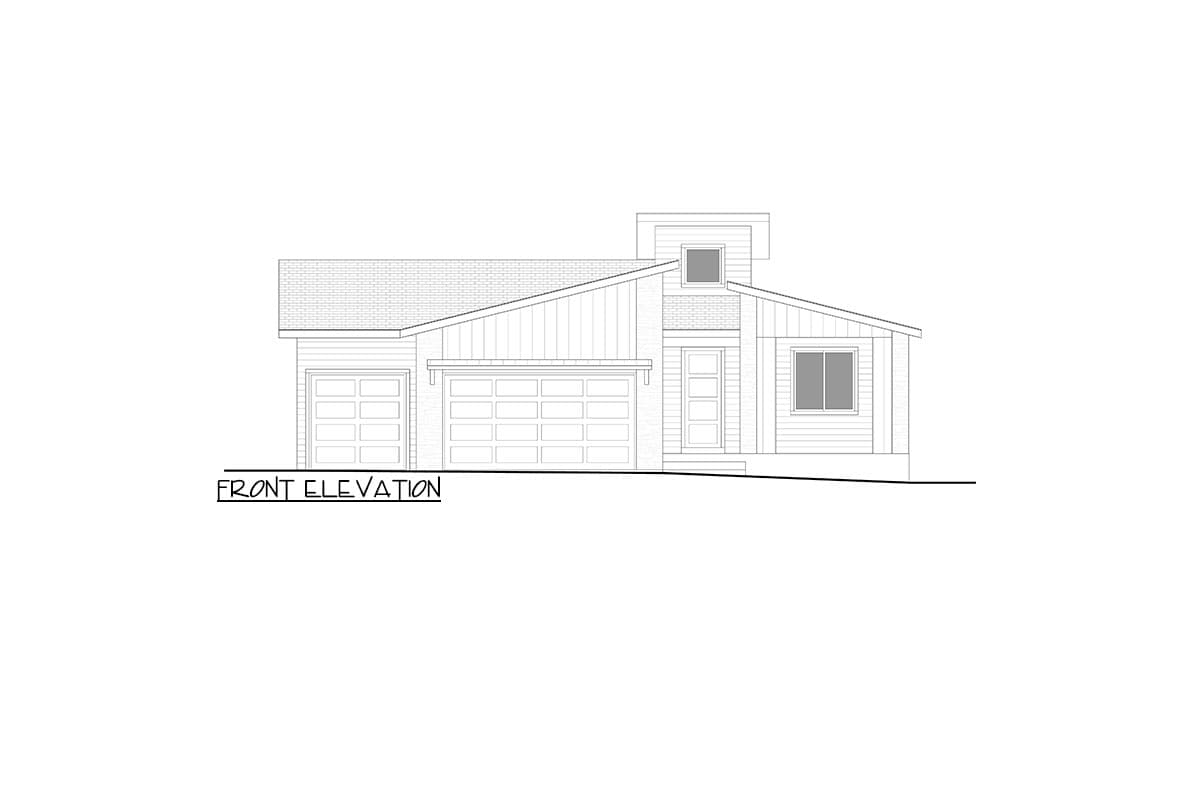 Front elevation drawing of a one-story house with a 3-car garage, asymmetrical rooflines, and a prominent gable.