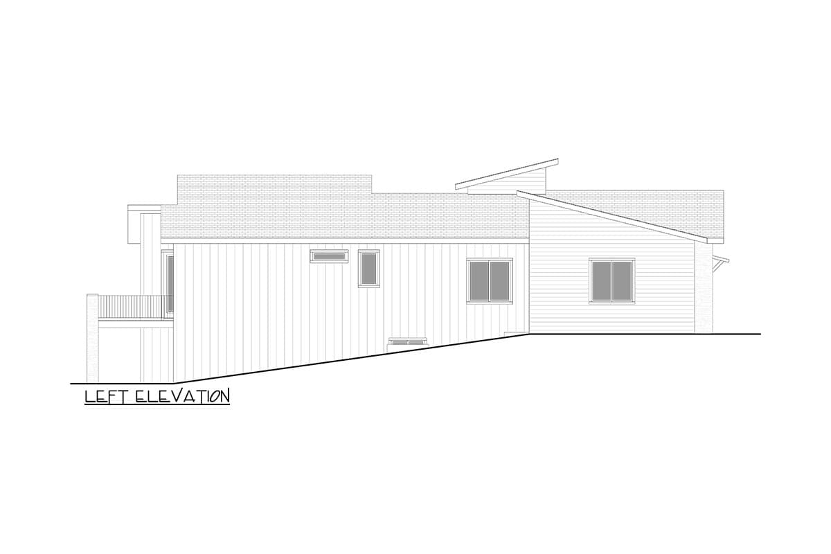 Left elevation drawing of a modern house plan with varied rooflines, a deck, and horizontal siding.