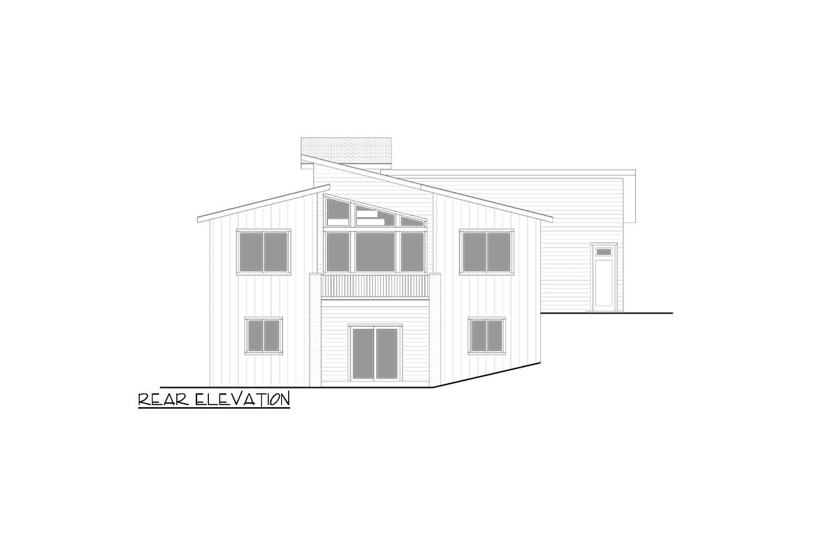 Rear elevation drawing of a two-story house with a gabled roof, multiple windows, and a central balcony.