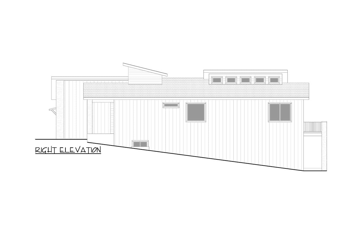 Right elevation drawing of a modern house plan with varied rooflines, vertical siding, and multiple windows.