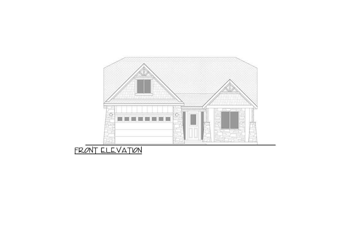 Front elevation drawing of a one-story house with a gabled dormer, stone accents, and a two-car garage.