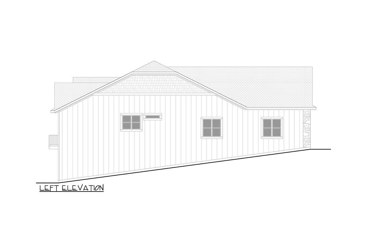 Left elevation drawing of a house plan, showing horizontal siding, multiple windows, and a sloped roof.