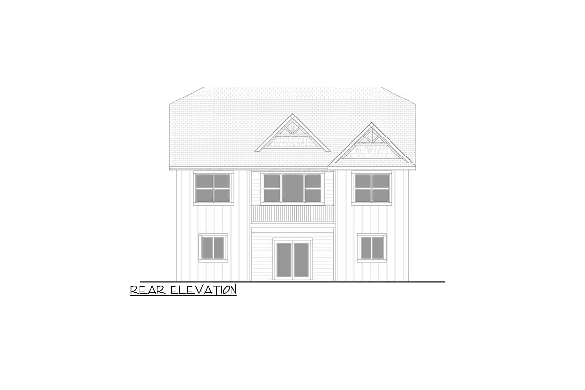Rear elevation drawing of a two-story house with a double-gable roof, balcony, and vertical siding.