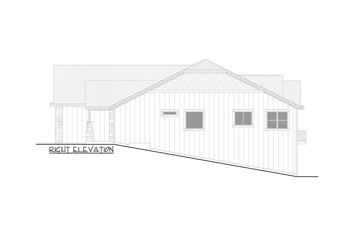 Right elevation drawing of a house plan showing a pitched roof, siding, stone accents, and multiple windows.