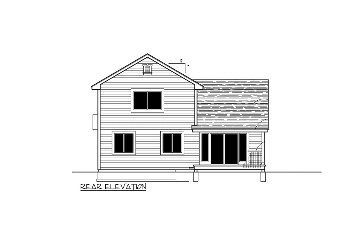Rear elevation drawing of a two-story house with siding, gable, dormer, and sliding glass doors.