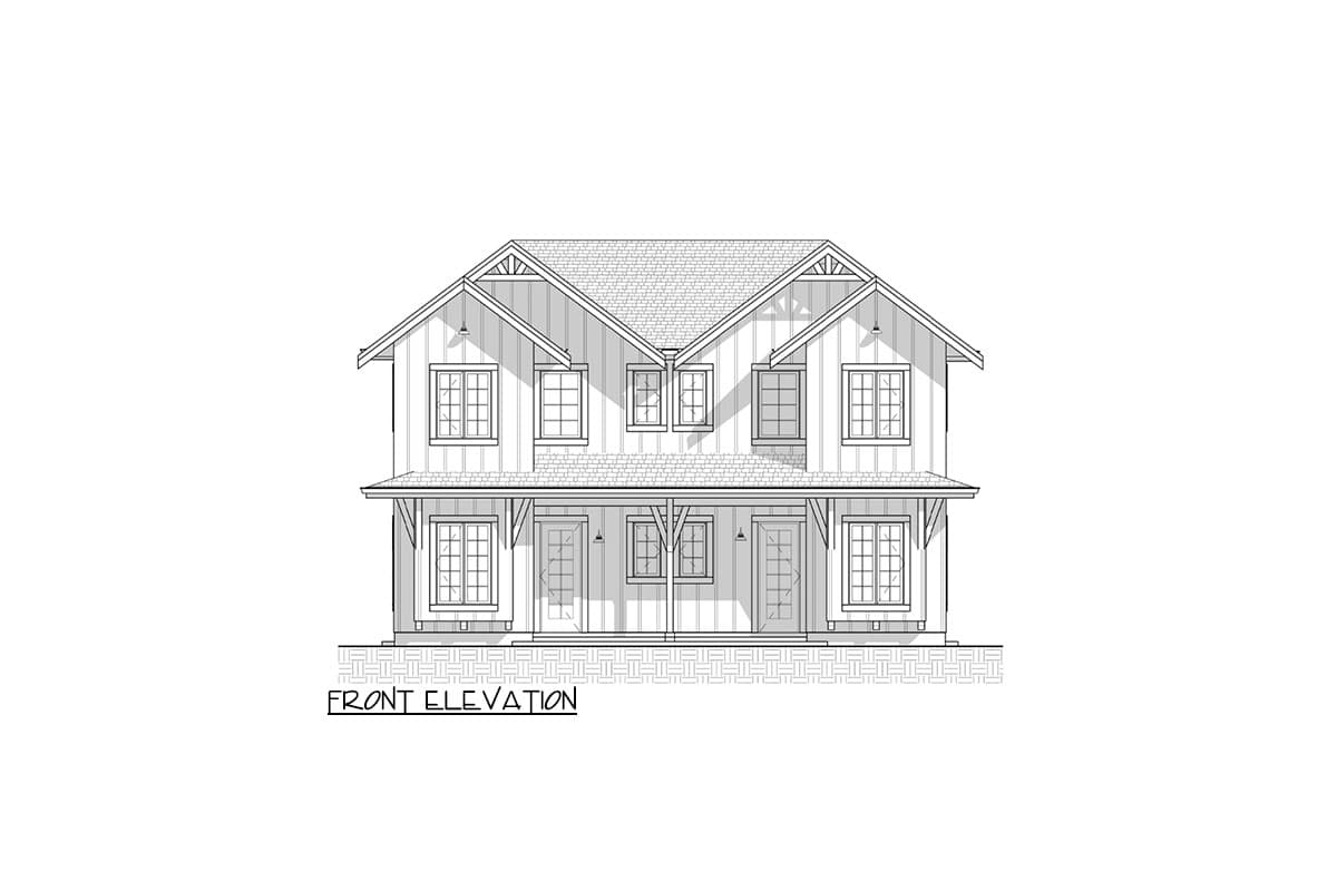 Front elevation drawing of a two-story Modern Farmhouse plan with gables, porch, and multiple windows.
