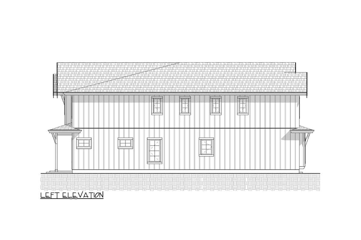 Left elevation drawing of a two-story house plan with a gabled roof, siding, and multiple windows.