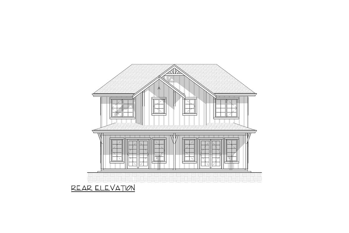 Rear elevation house plan, two stories, gable roof, covered porch with french doors, and multiple windows.