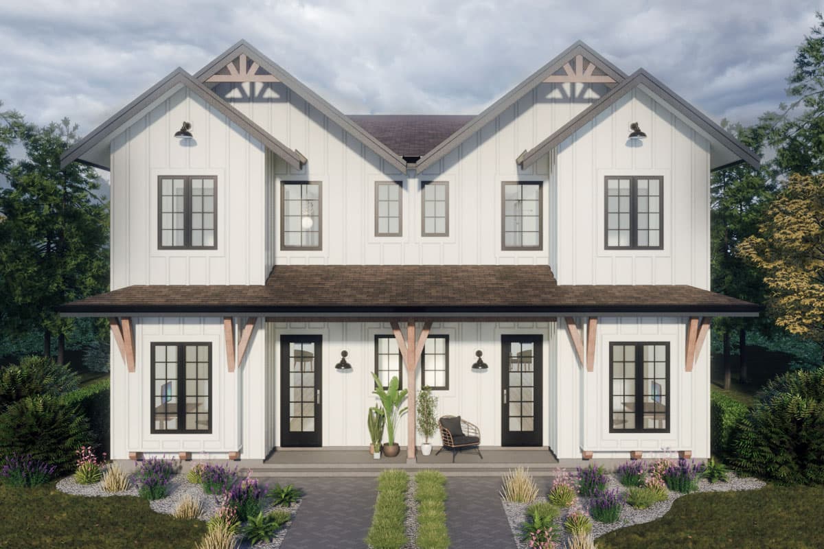 House plan exterior. Two-story Modern Farmhouse with gable roof, covered porch, and board-and-batten siding. Features exposed rafter tails.