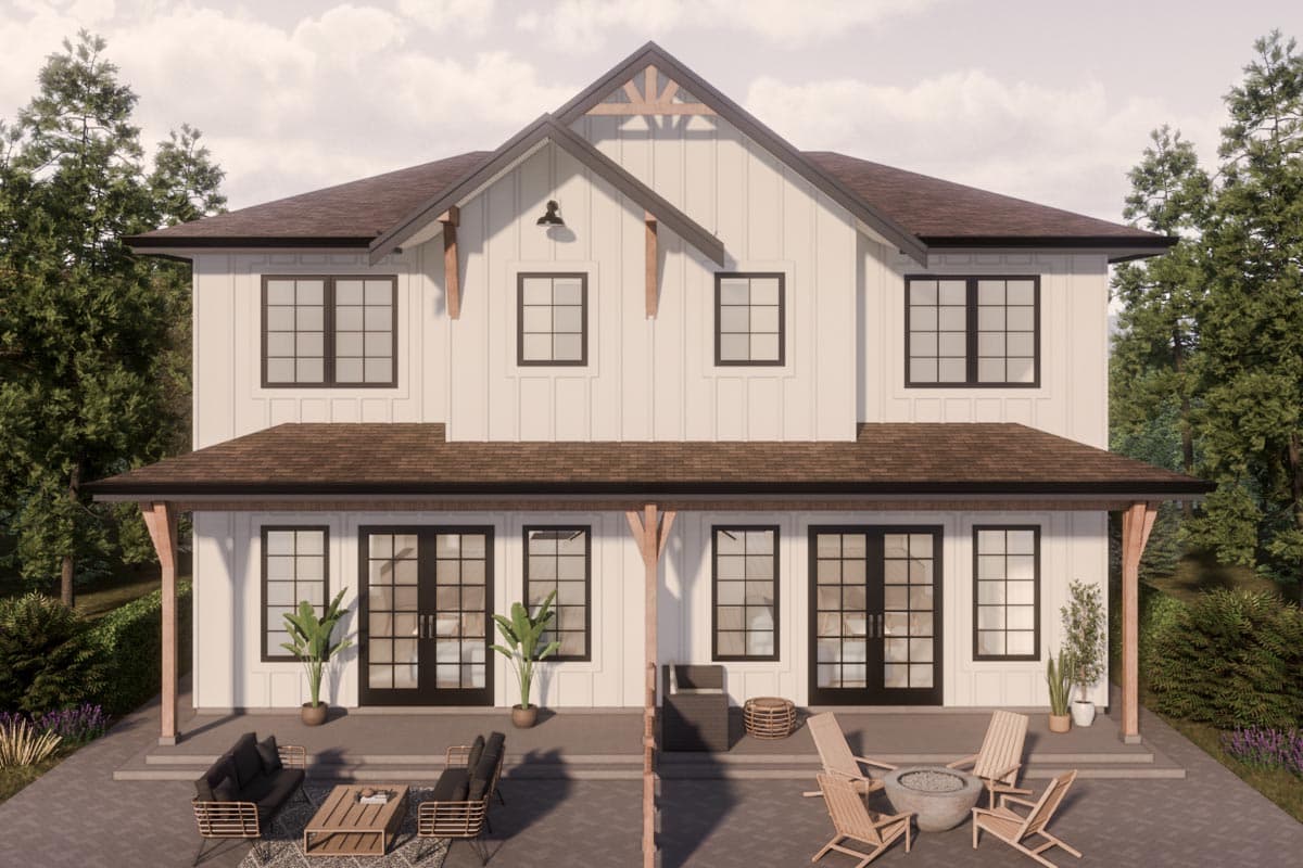 Modern Farmhouse house plan exterior, two stories, board and batten siding, gable with exposed beams, wide covered porch.