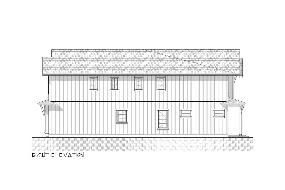 Right elevation drawing of a two-story house plan featuring vertical siding, shingled roof, and multiple windows.