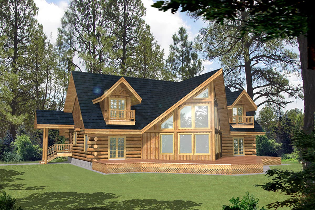 Log cabin house plan exterior with dormers, gables, wraparound porch, and large A-frame windows.