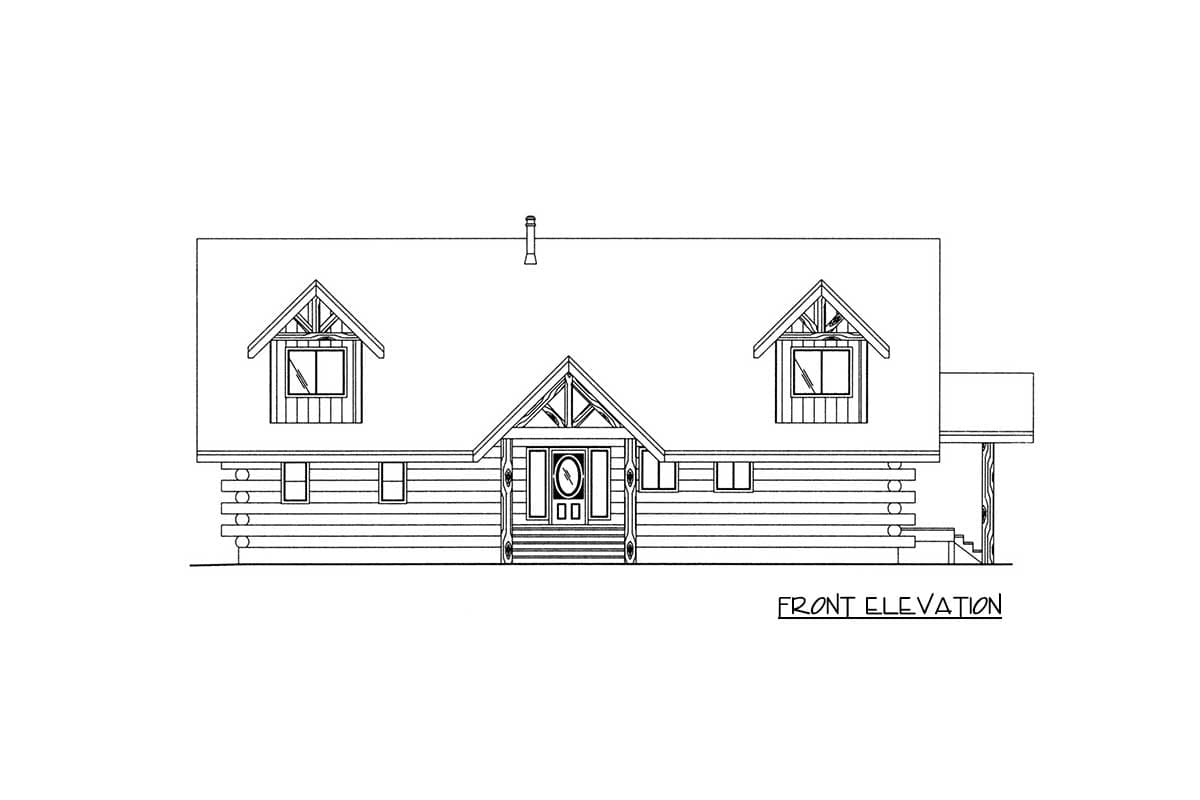 Front elevation drawing of a log house plan with a prominent gable entrance and two dormer windows.