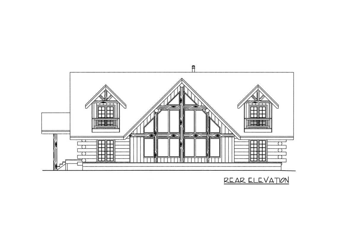 Rear elevation drawing of a log home with a large central gable and dormer windows, a covered side porch, and stacked log siding.