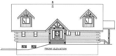 Front elevation drawing of a log house plan with a prominent gabled entrance, dormers, and a pitched roof.