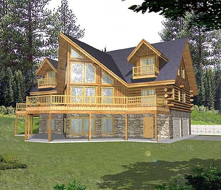 House plan exterior: Log home with stone foundation, large deck, prominent A-frame gable with extensive windows, and dormers.