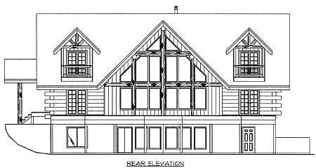 Rear elevation drawing of a log house plan featuring a prominent gable, multiple dormers, and a large bank of windows.