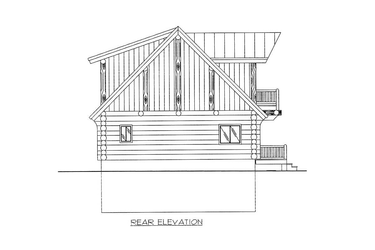 Log cabin house plan rear elevation drawing with a prominent A-frame roofline, two levels, and two small porches.