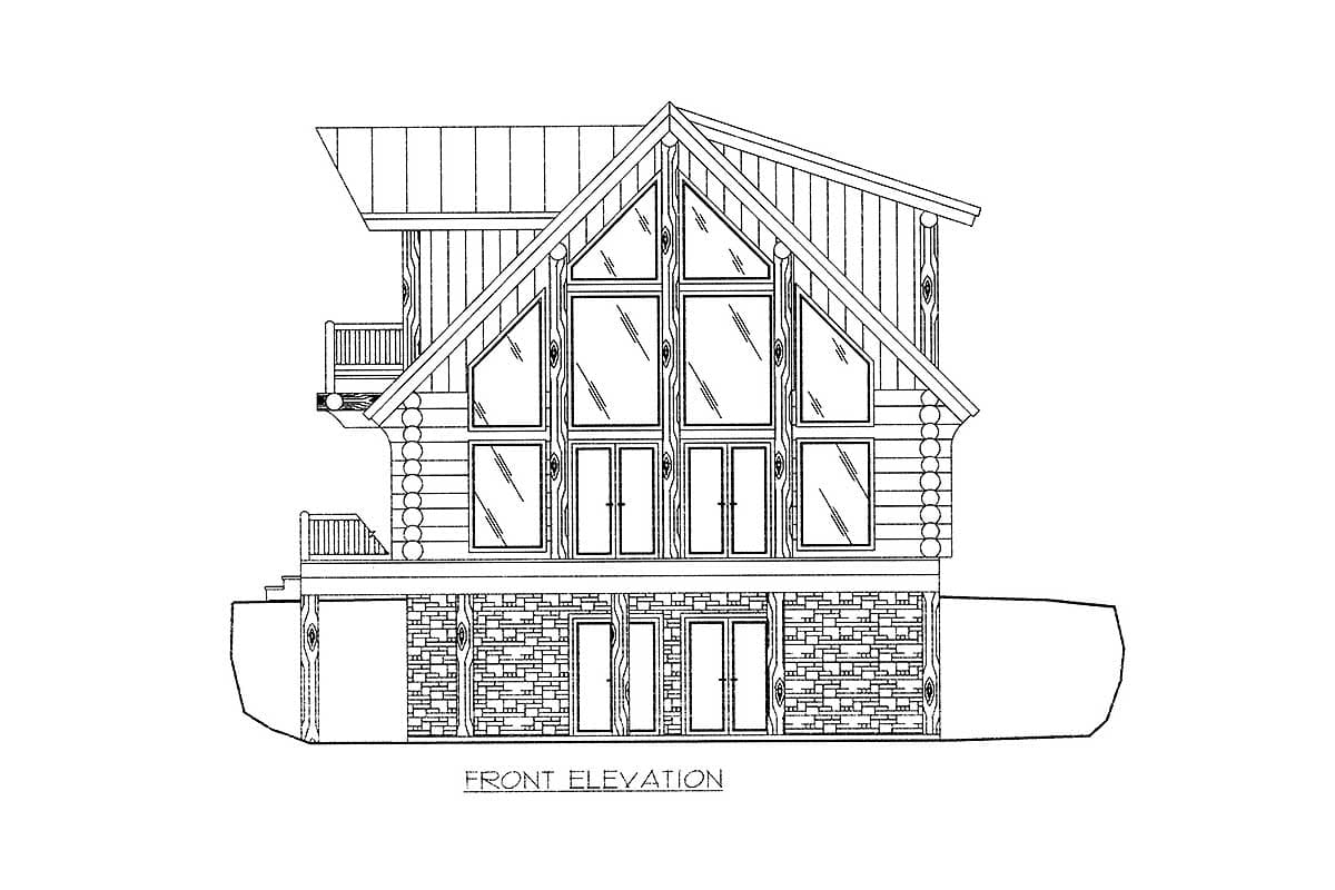 Front elevation drawing of a multi-story log home with a prominent gable and full-height windows.