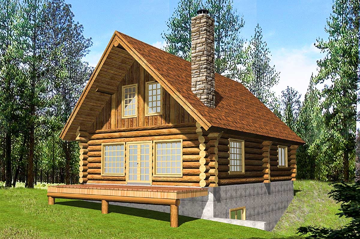 Log cabin house plan exterior, two stories, with a large stone chimney, wrap-around deck, and multiple windows.