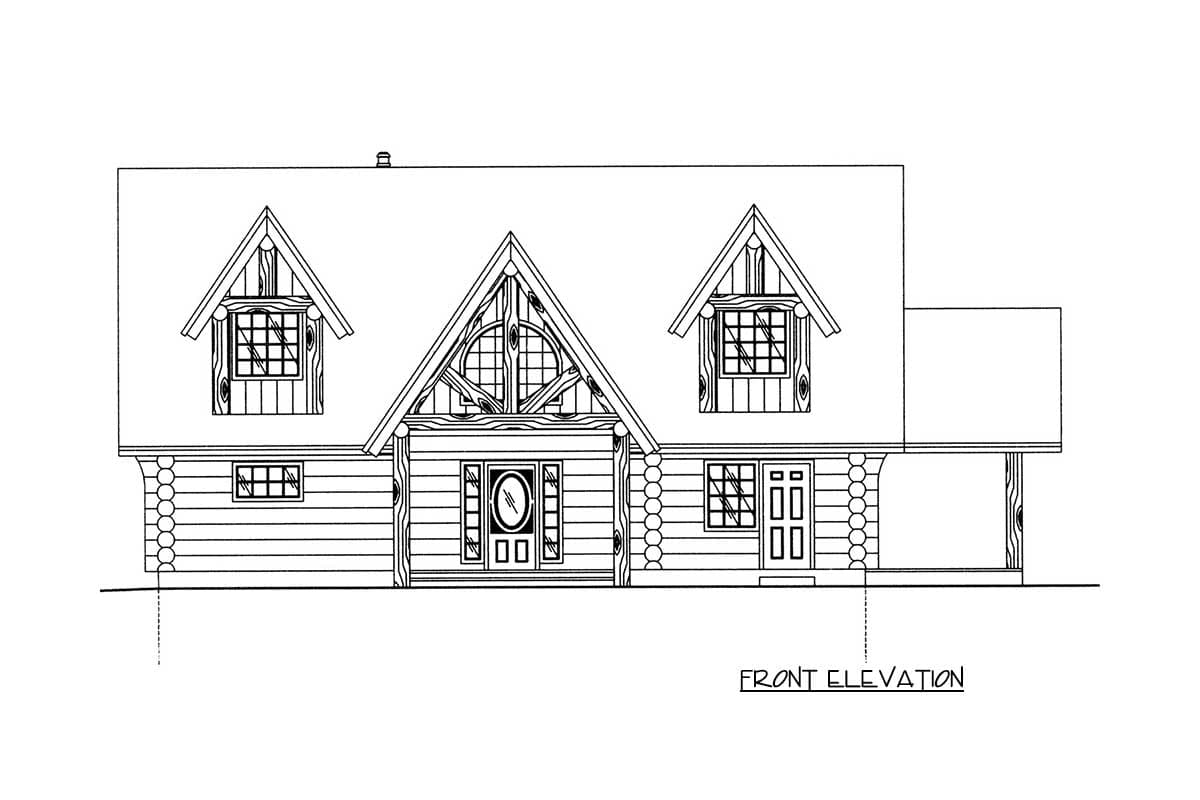 Front elevation house plan with log siding, dormer windows, gabled rooflines, and a covered entry with transom window.
