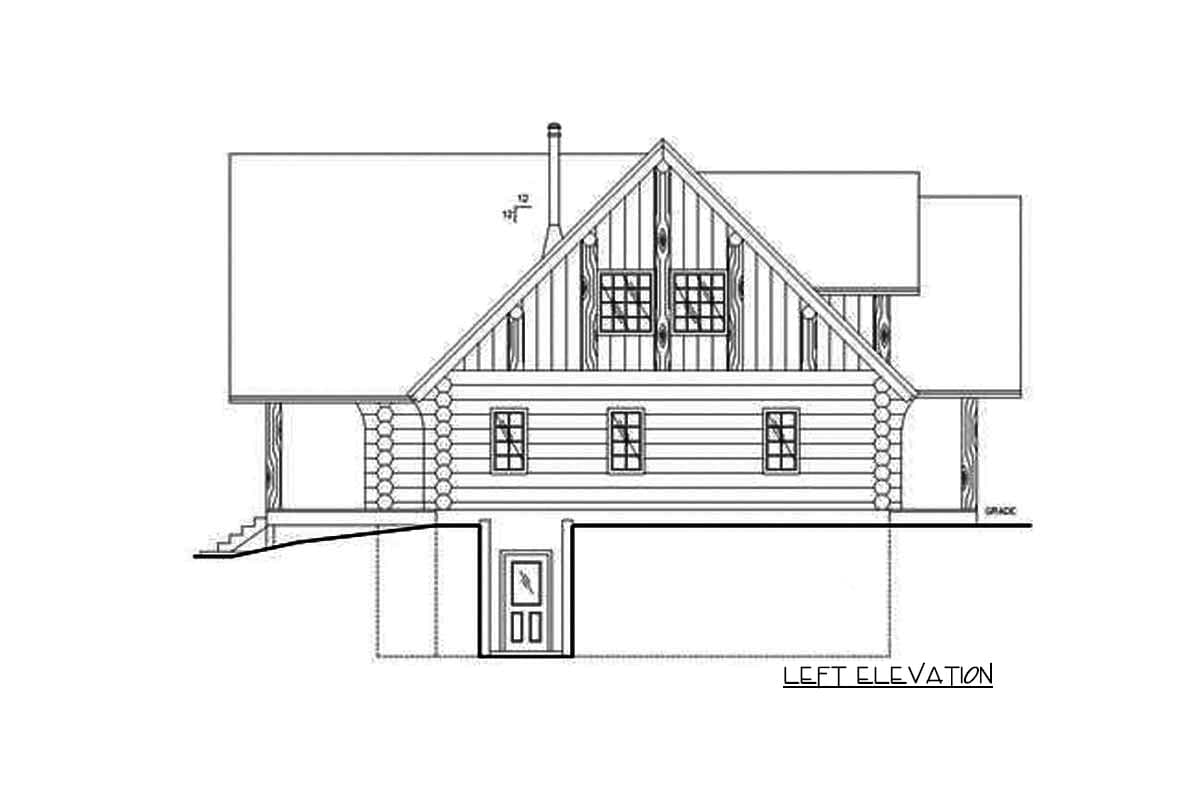 Left elevation drawing of a two-story log house with gabled dormers and a visible foundation.