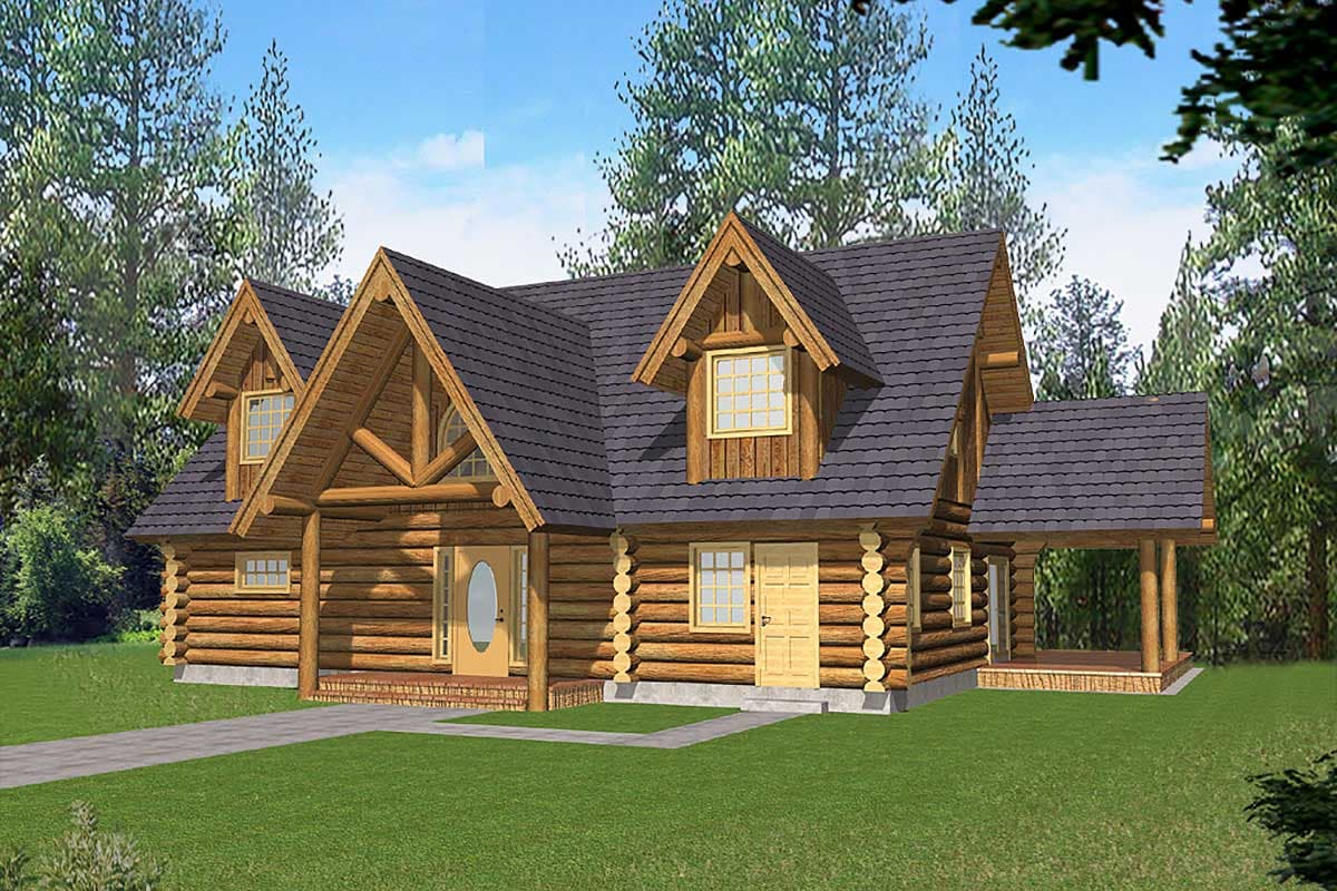 Log cabin house plan exterior with multiple gables, dormers, a covered porch, and full log construction.