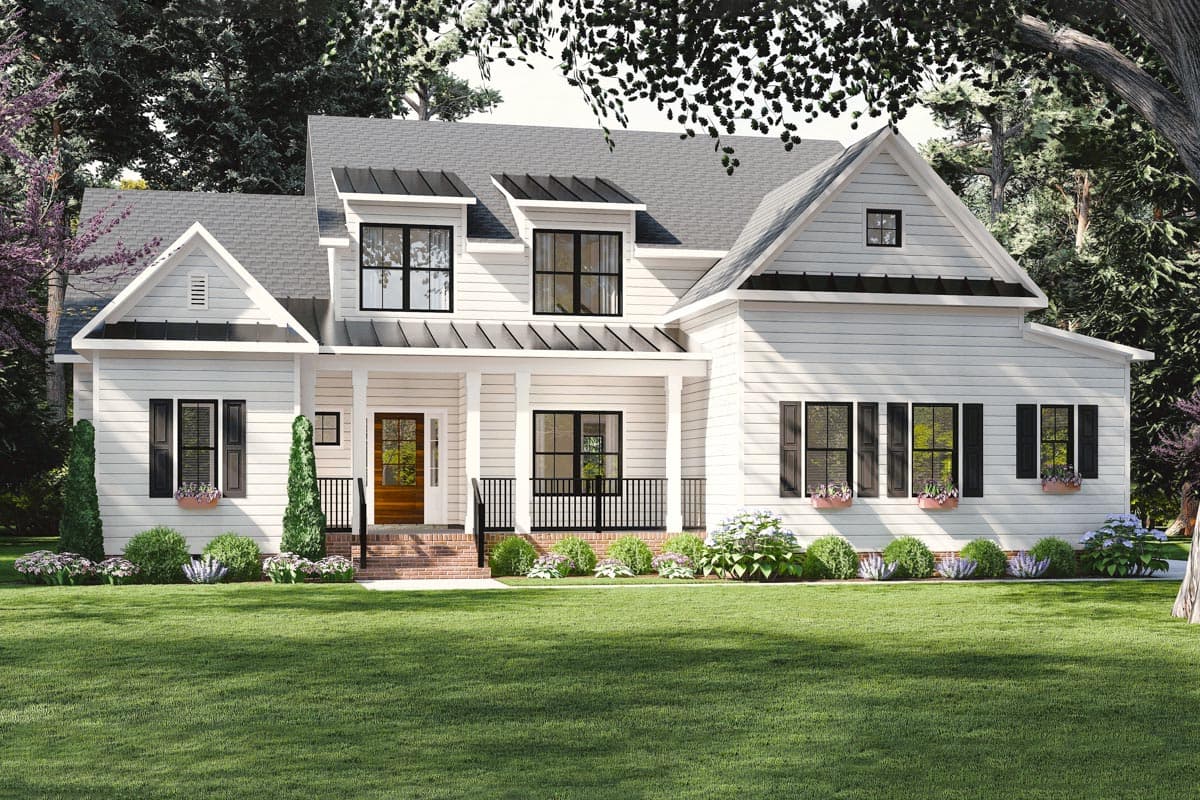 House plan exterior. Two-story Modern Farmhouse with a front porch, gables, and dormers. Black window trim and shutters complement the white siding.