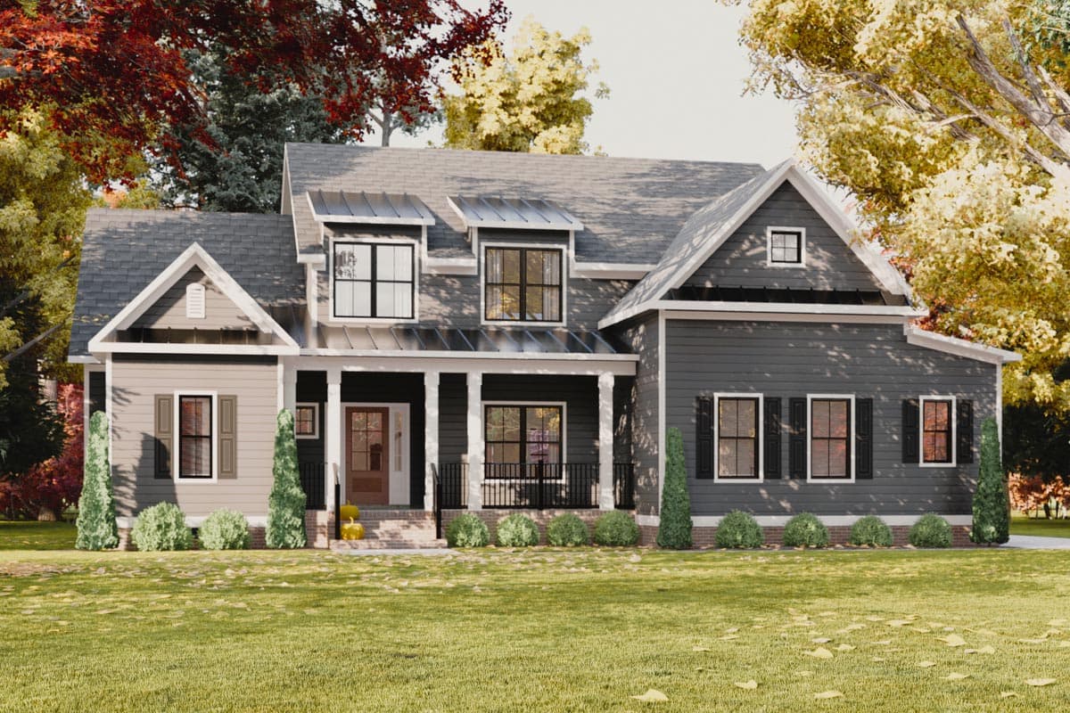 Modern Farmhouse style house plan exterior with covered front porch, dormers, gables and a two-story main structure.