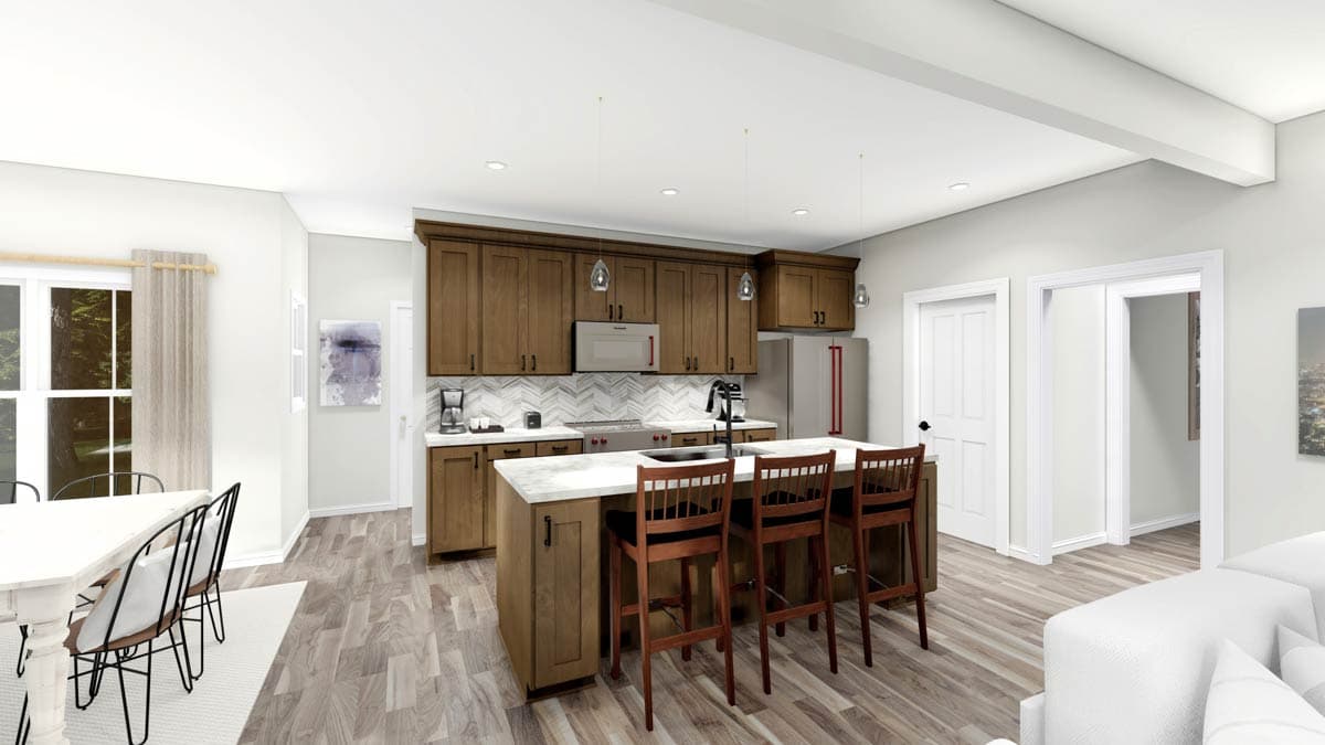 Kitchen interior rendering with wood cabinetry, island, bar stools, marble countertops, and herringbone tile backsplash.