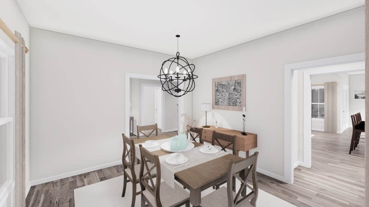 Interior rendering of a dining room with a table set for six, a wood sideboard, and an orb chandelier.