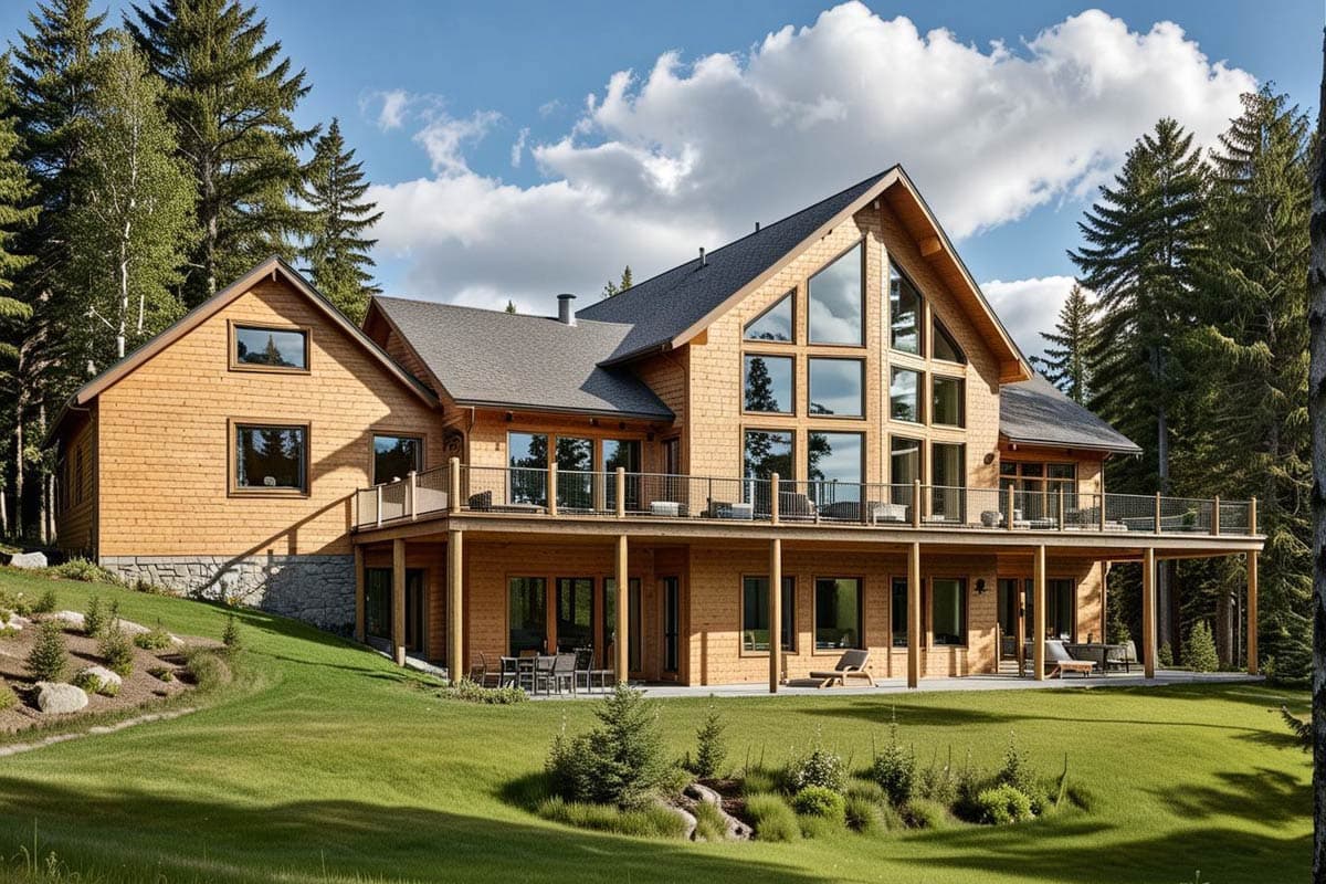 House plan exterior: Modern design with gabled roof, prominent window wall, deck, and attached garage.