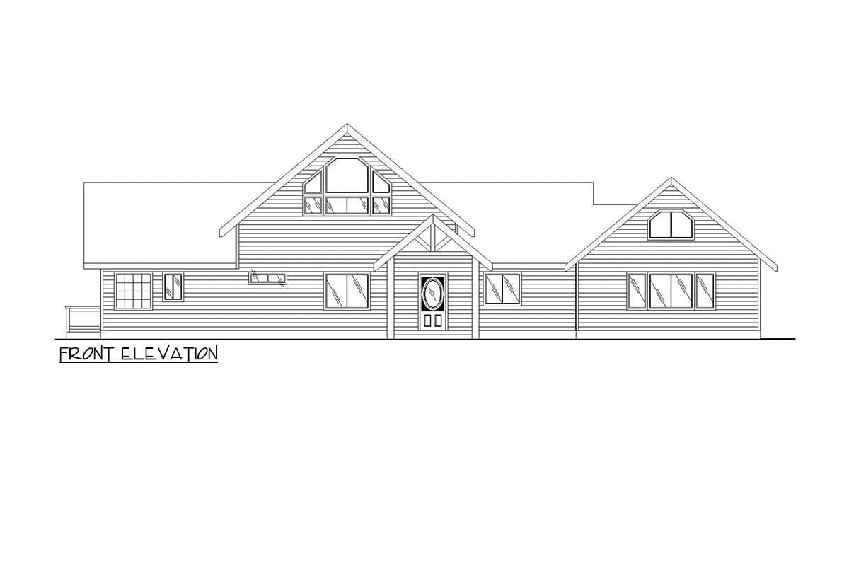 Front elevation drawing of a house plan featuring a gable roof, dormer windows, and multiple window arrangements.