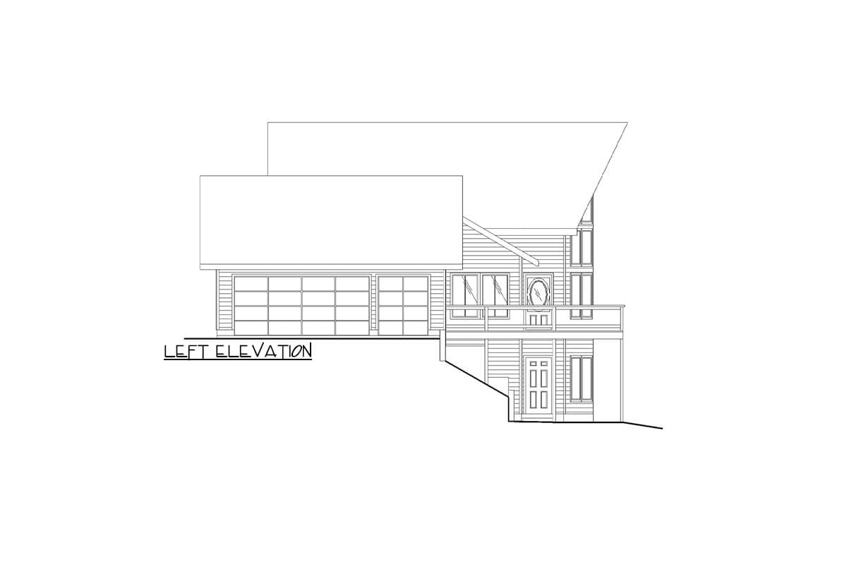 Left elevation house plan drawing with multi-level roof, large garage door, deck, and two-door entryway.